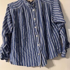 LOFT Blue and White Striped Ruffle Collar Shirt